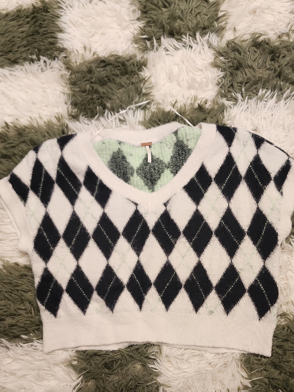Free People Knit Argyle Vest in White, Black & Mint